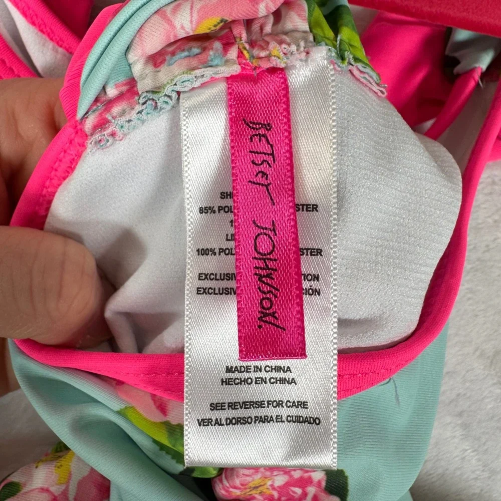 Betsey Johnson Swimsuit Girls 6X Lot of 2 Pink Floral Pom‎ Pom Ruffle Swimwear